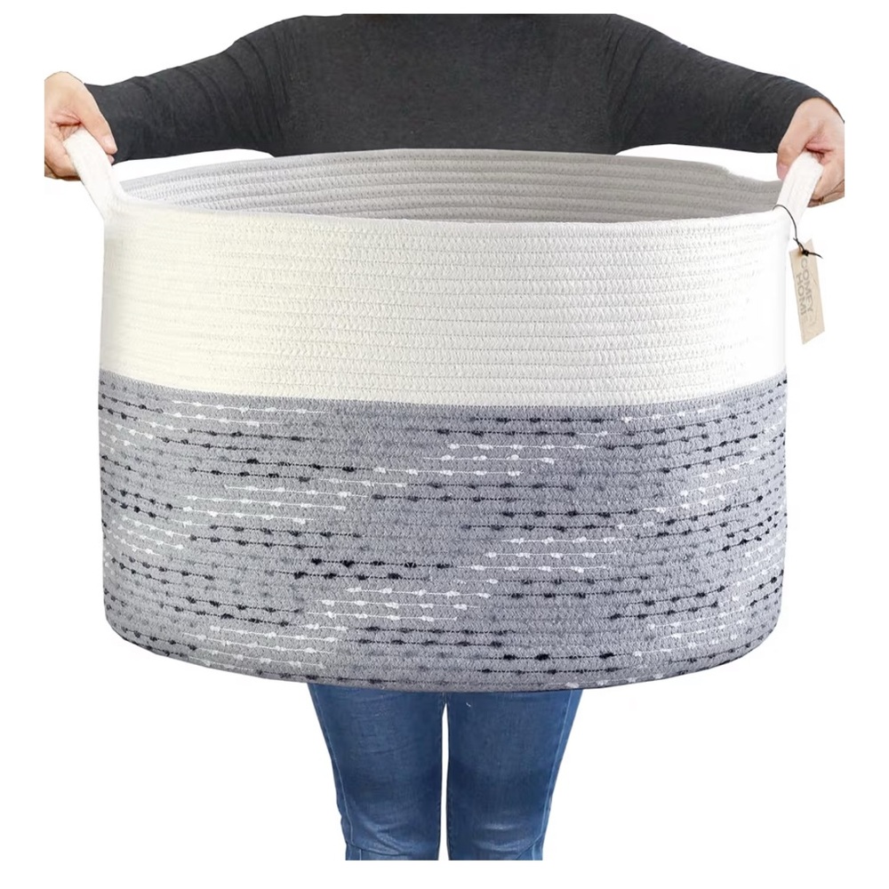 Two-Tone Gray and White woven cotton Storage Basket